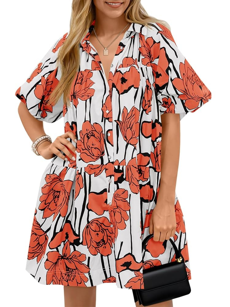 Wenrine Women's Summer Button Down Shirt Dress Floral Puff Short Sleeve Casual Loose Fit Beach Mi... | Amazon (US)