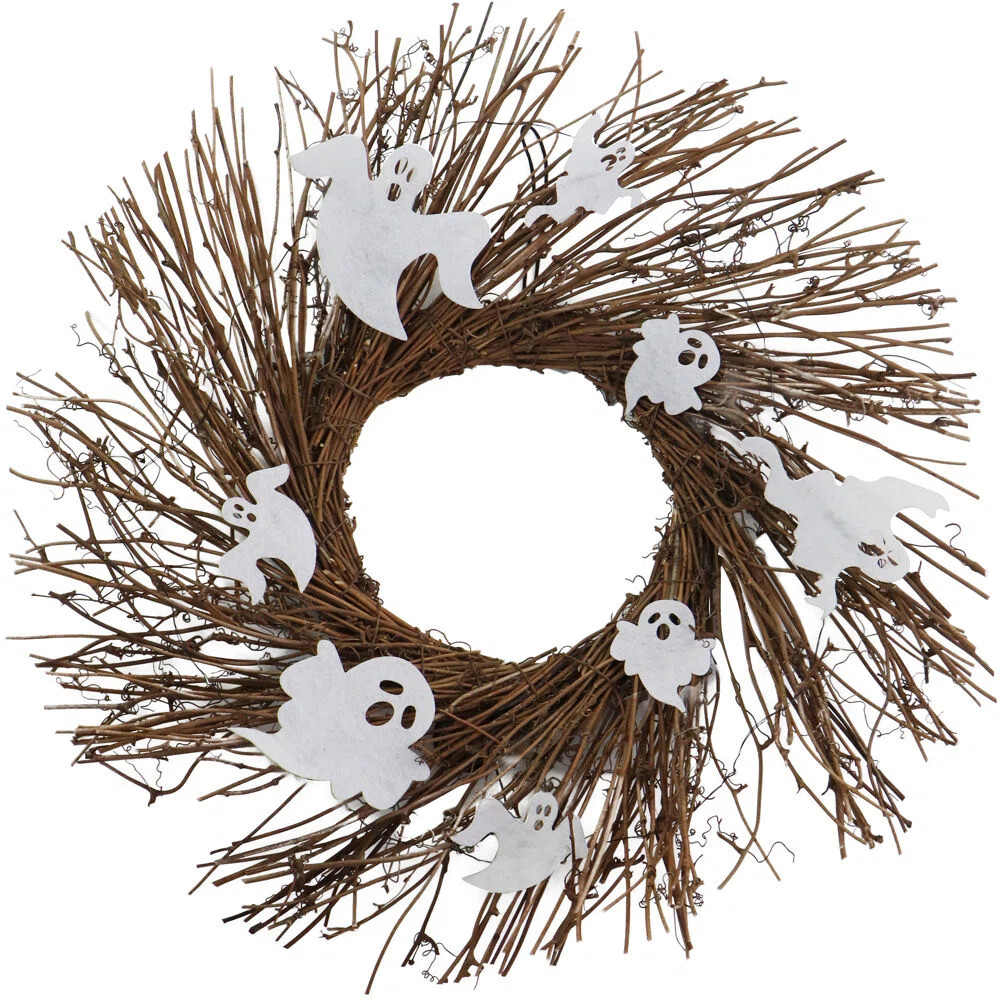 Haunted Hill Farm 20-In. Battery-Operated Natural Twig Wreath with LED Lights and Spooky Ghosts |... | Wayfair North America