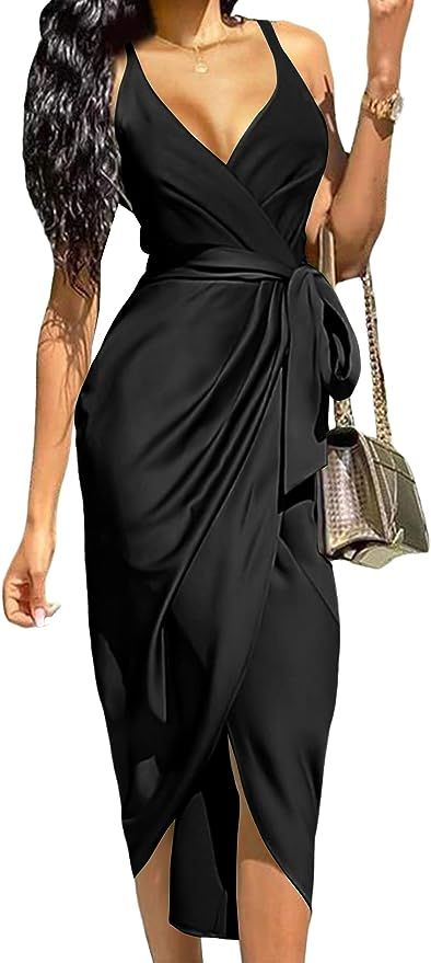 LYANER Women's Satin V Neck Ruched Wrap Sleeveless Tie Waist Slit Hem Cocktail Midi Dress | Amazon (US)