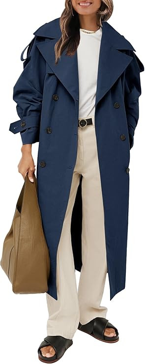Farktop Womens Oversized Long Trench Coat Double Breasted Lapel Windproof Overcoat with Belt | Amazon (US)