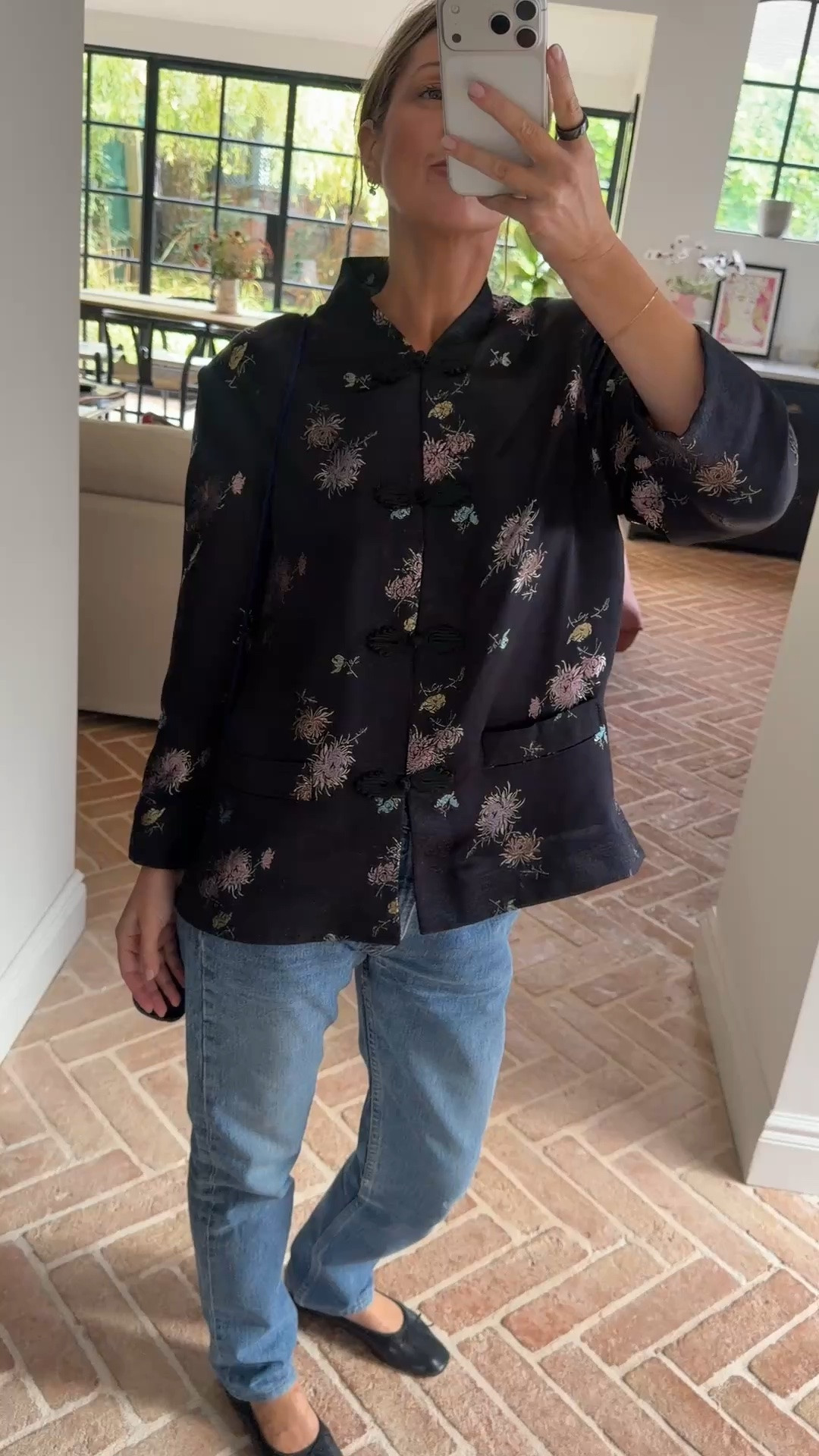 💜

floral embroidered jacket, satin brocade top, frog button detail, statement trim top, black floral print, vintage inspired jacket, light wash jeans, statement blouse, going out top, evening outfit, romantic edgy style, elevated basics, quiet luxury, autumn winter style, ltkstyletip, ltkseasonal, ltkfindsunder100, ltkitbag
