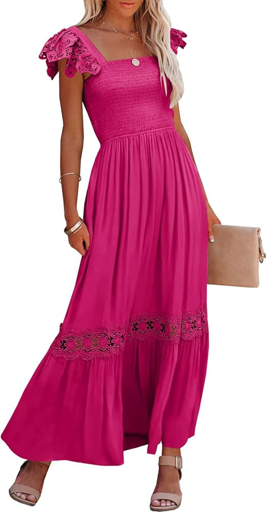 Ferlema Womens Summer Boho Lace Strap Sleeveless Square Neck Ruffle A Line Flowy Beach Long Maxi ... | Amazon (US)