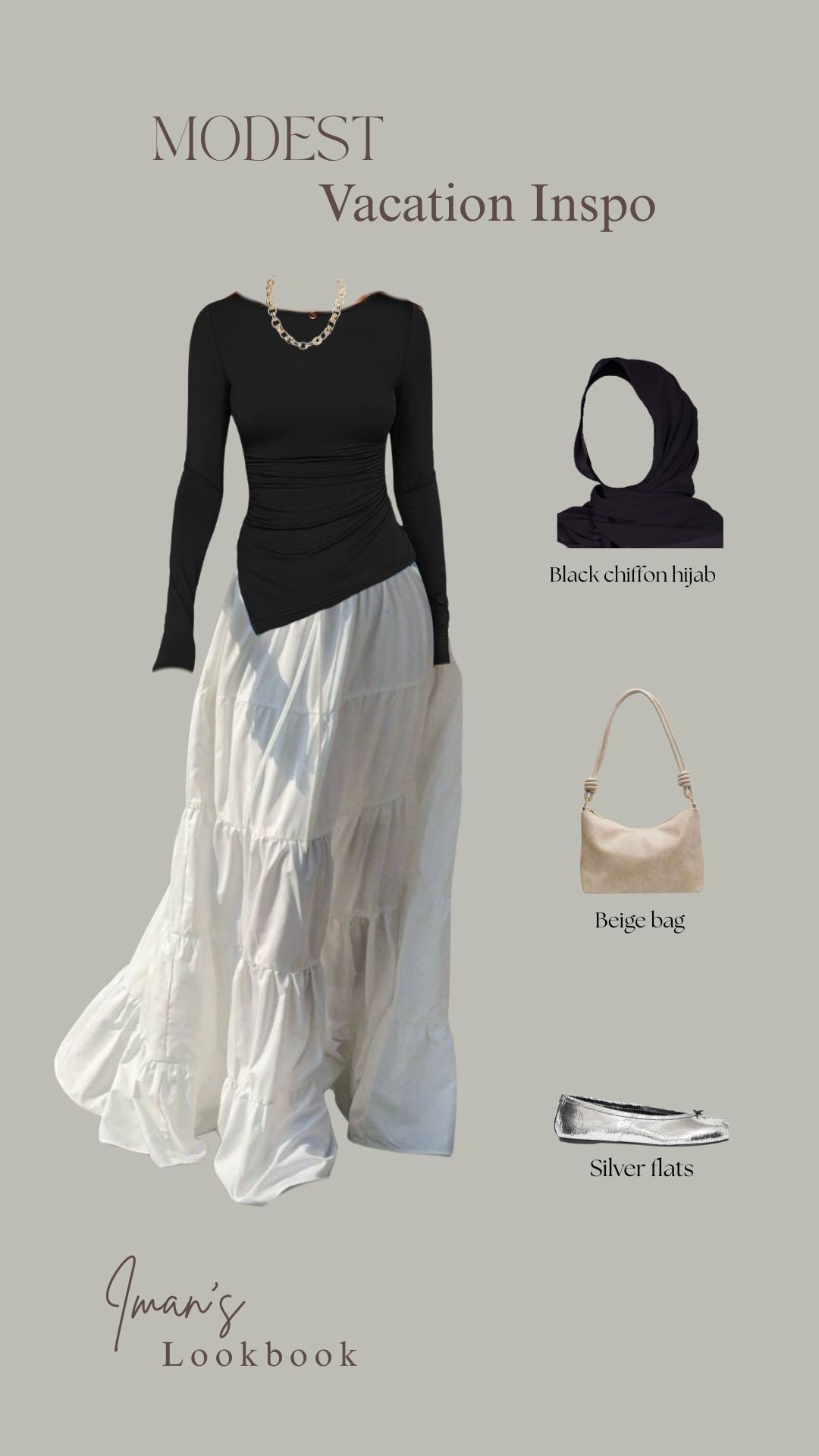 Modest vacation inspo 

The skirt is a little see through so I layer an underskirt with it and size up in the black shirt for a more modest fit! 