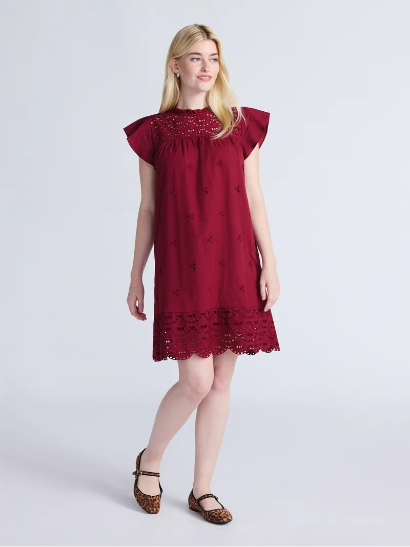 Time and Tru Women's Eyelet Mini Dress with Flutter Sleeves, Sizes XS-XXXL | Walmart (US)