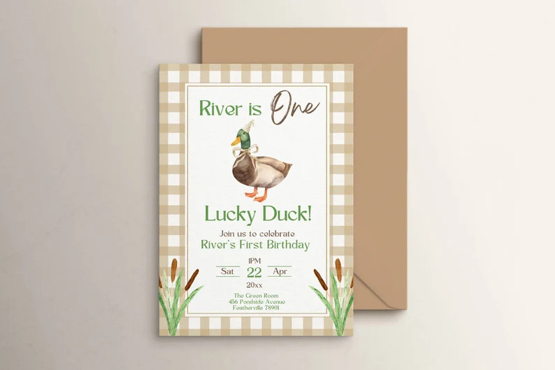 Neutral Gingham Duck Birthday Party Invitation Template, One Lucky Duck 1st Party Invite, Mallard... | Etsy (US)