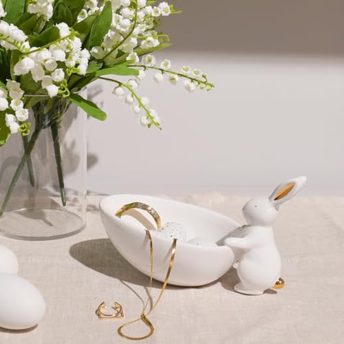 Easter-Decorations - Candy Dish Bowl - Candy Server - Nut Dish - Easter Bunny Bowl Ceramic Snack Serving Dish with Rabbit White Tabletop Decor Framhouse Home Décor 7x3.75x4.25 Inch Newman House Studio | Amazon (US)