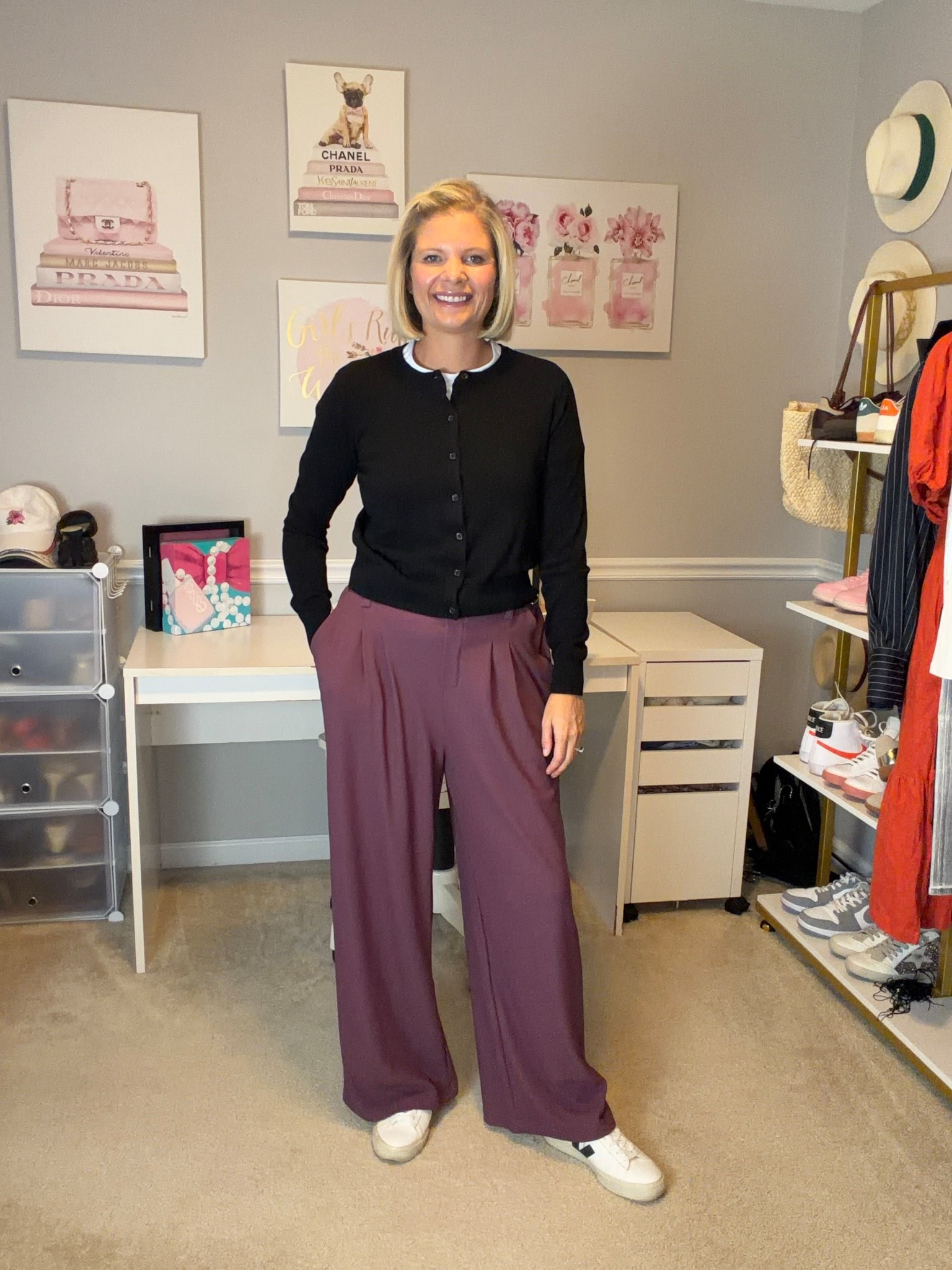 Purple pleated trousers with pockets TTS
Black fine knit cardigan TTS

#LTKgrwm #LTKMidsize #LTKWorkwear