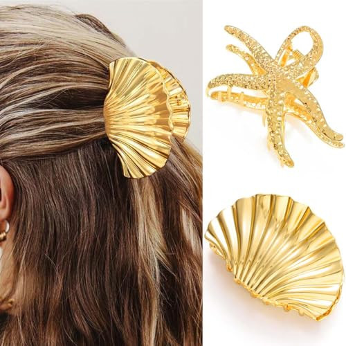 Fashey Seashell Hair Claw Clips Gold Metal Hair Clip Starfish Claw Clip Hair Accessories for Women and Girls (Pack of 2) (Gold) | Amazon (US)