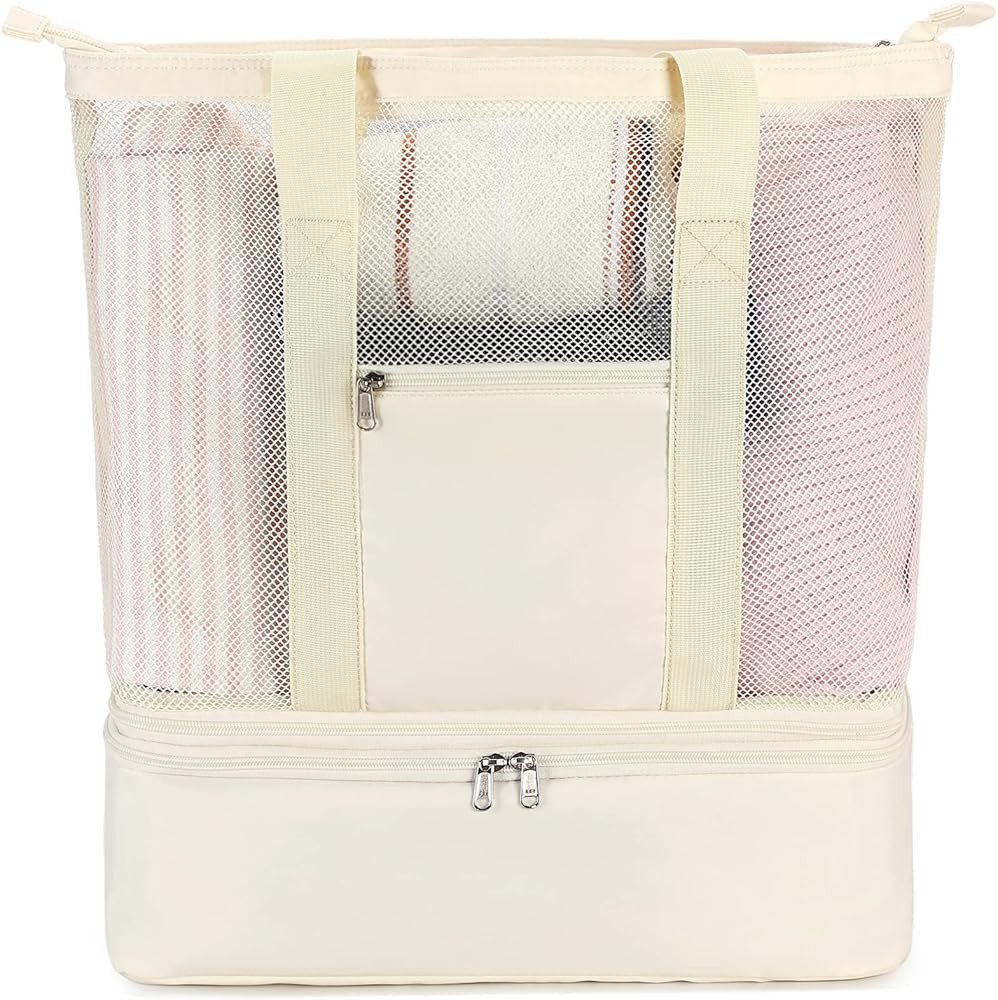 Bluboon Mesh Beach Tote Bag with Cooler Compartment Insulated Detachable Picnic Bag with Zipper a... | Amazon (US)