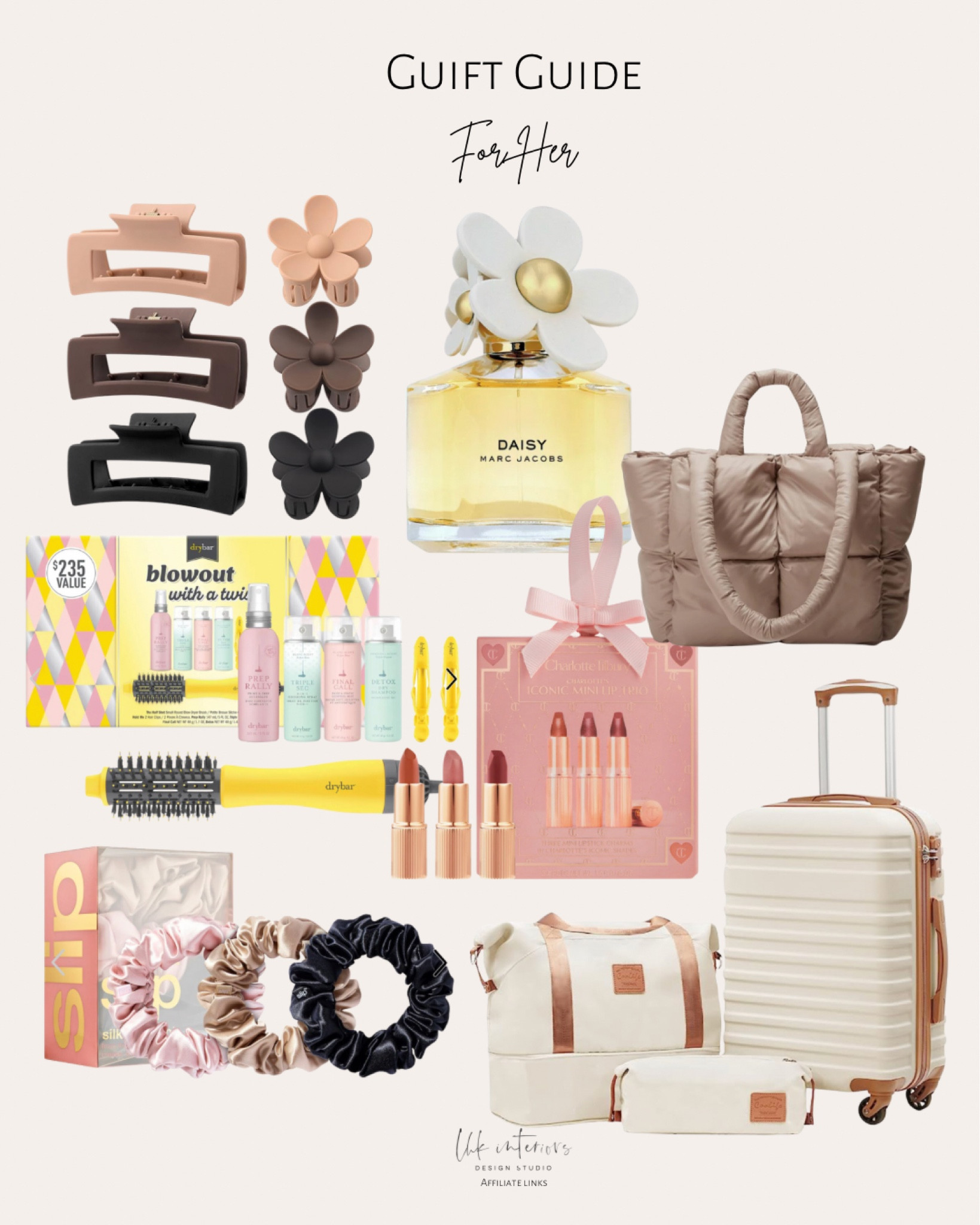 Gift guide for Her 
Marc Jacobs Daisy Eau De Toilette / 6 pack large rectangle hair claw clips / iconic lip trio / laneige lip sleeping mask / puffer tote bag / large slip silk scrunchies / The half shot blow dryer brush / Coolife suitcase set of 3 

#LTKHoliday #LTKsalealert #LTKGiftGuide