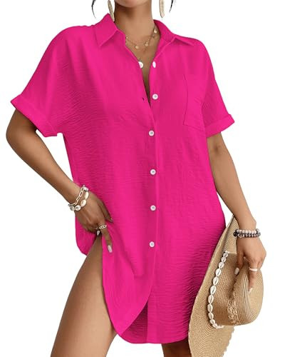 Bsubseach Women Swimsuit Coverup Shirt Dress Button Down Bathing Suit Cover Up Beach Vacation Outfits Hot Pink M | Amazon (US)
