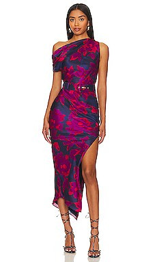 NICHOLAS Calantha Off Shoulder Midi Dress in Magenta Blurred Floral Print from Revolve.com | Revolve Clothing (Global)
