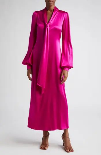 HOUSE OF AAMA Becca Pussybow Long Sleeve Silk Charmeuse Dress | Nordstrom | Nordstrom