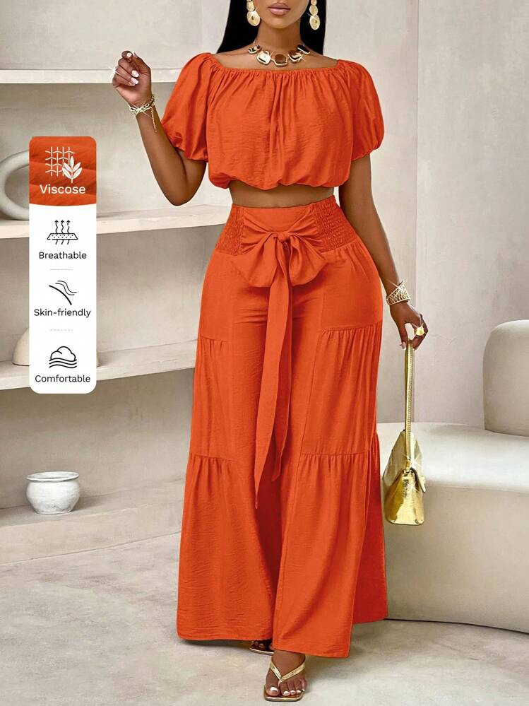 SOLERSUN Summer Beach Vacation Style One-Shoulder Puff-Sleeved Ruffled Strapless Crop Top & Wide Leg Pants Set For Summer | SHEIN