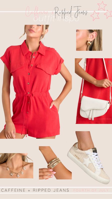 // Fourth of July outfit inspo // red romper // cute summer outfit inspo // sneakers // white saddle bag // gold jewelry // 

#LTKFindsUnder50 #LTKSeasonal #LTKStyleTip