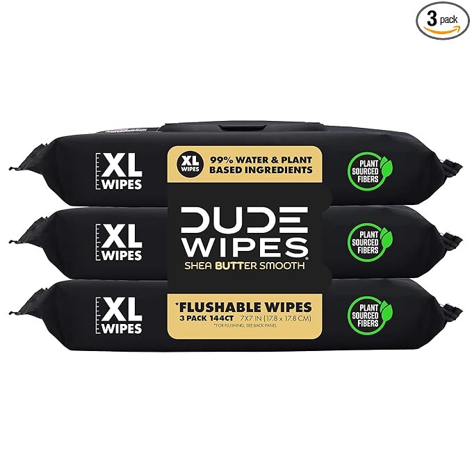 DUDE Wipes - Flushable Wipes - 3 Pack, 144 Count - Shea BUTTer Smooth Extra-Large - Vitamin-E & A... | Amazon (US)