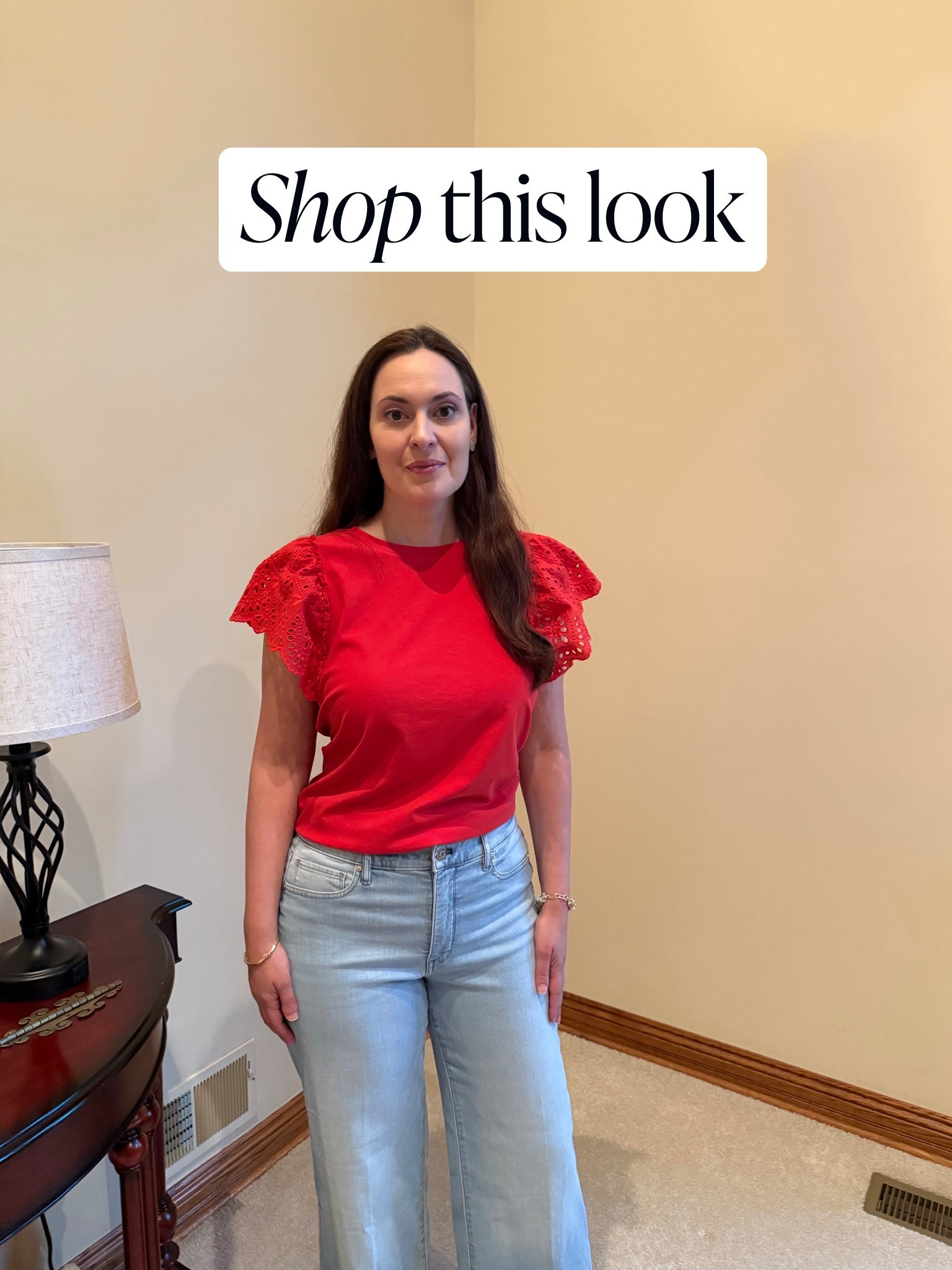 How pretty is this red colored top. The top/tee also comes in white and black. The top and jeans are WHBM  