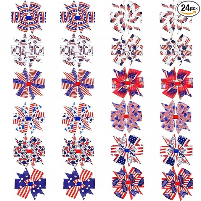 Yingzhao 24 Pcs 4th of July Hair Bows Red White Blue American Flag Star Hair Accessories Patrioti... | Amazon (US)