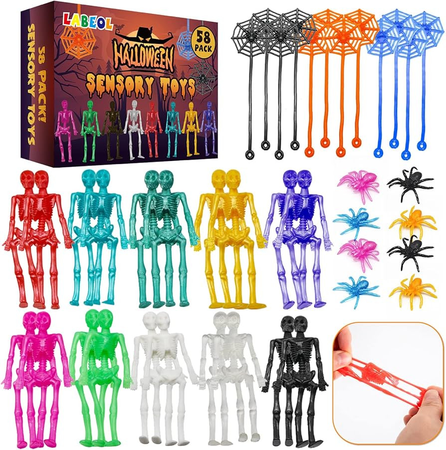 58PCS Halloween Party Favors Stretchy Toys Halloween Treats Skeleton Spider Spiderweb for Kids Bo... | Amazon (US)