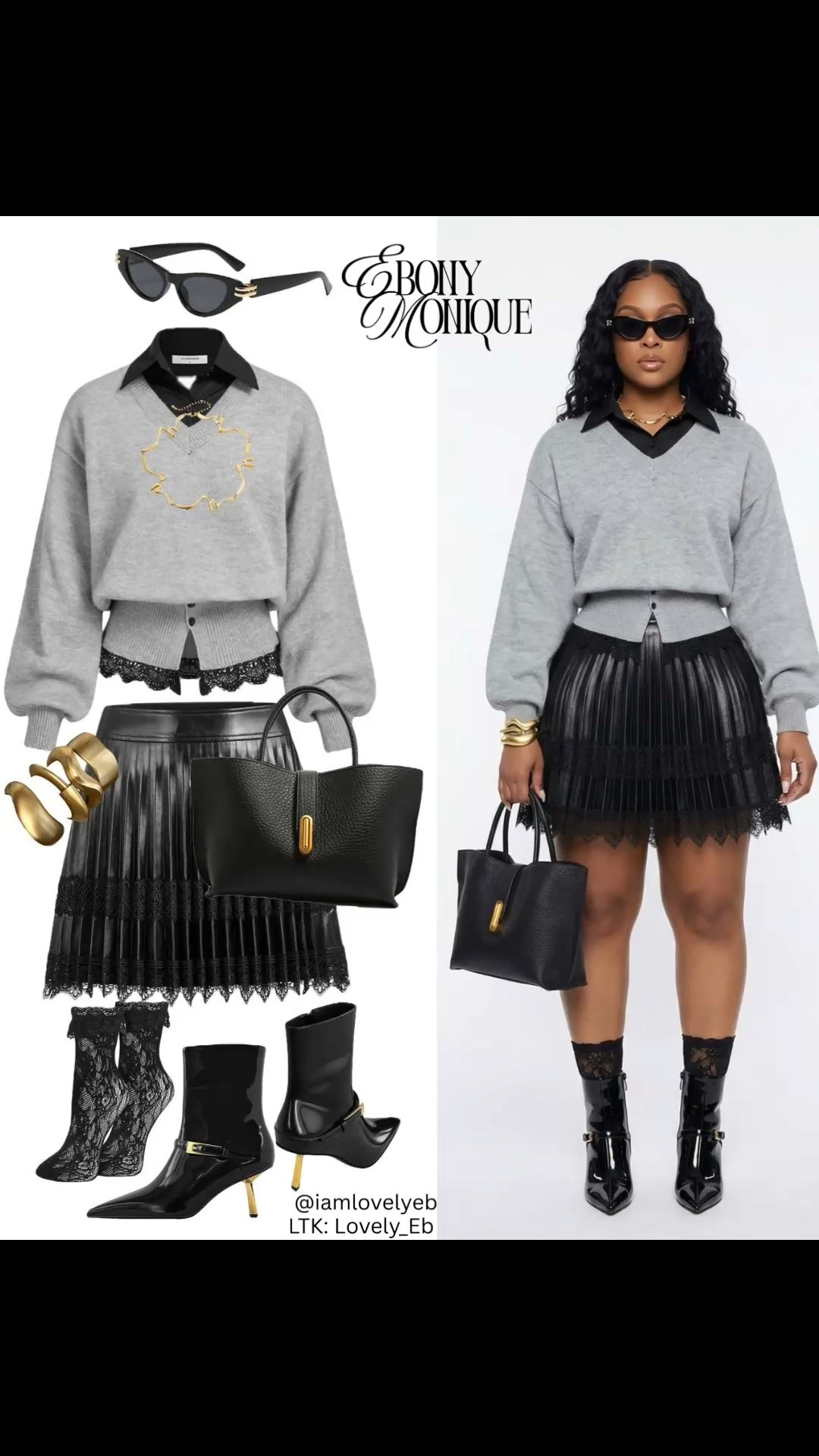 From work to happy hour ✨

The gray V-neck sweater layered over a crisp black button-down gives effortless prep energy, while the pleated faux leather skirt and lace tights add texture and a hint of drama. Finished with sleek black heeled boots, sculptural gold jewelry, and sharp cat-eye sunnies for that confident, put-together feel. This is the kind of outfit that works for brunch, meetings, or a chic day out—easy, elevated, and timeless with personality.

#LTKgrwm #LTKootd #LTKWorkwear