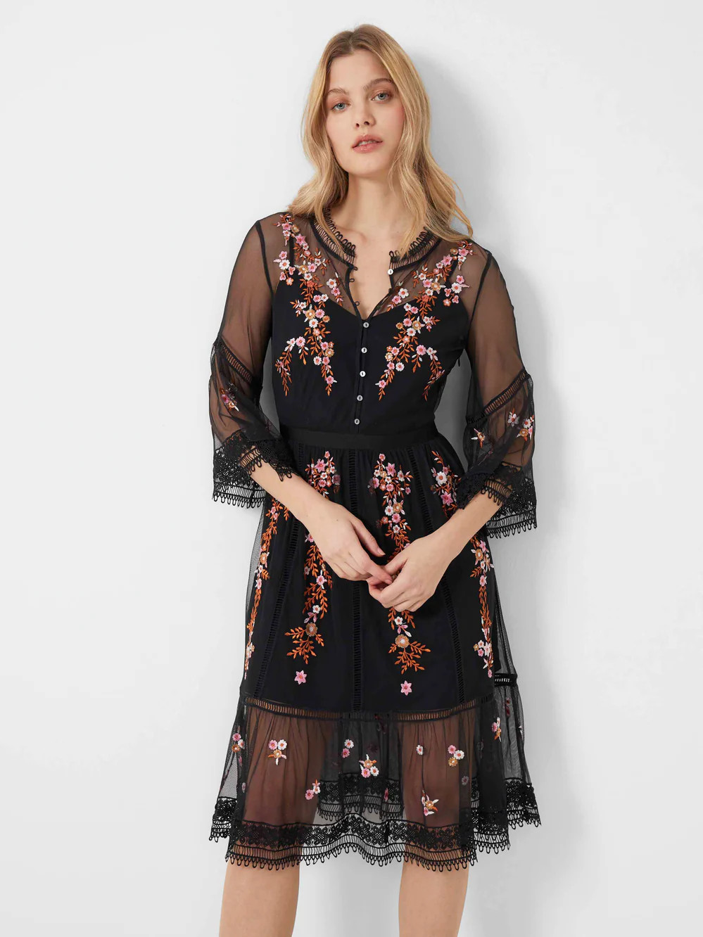 Arabelle Embroidered Sheer Lined Dress | French Connection (UK)
