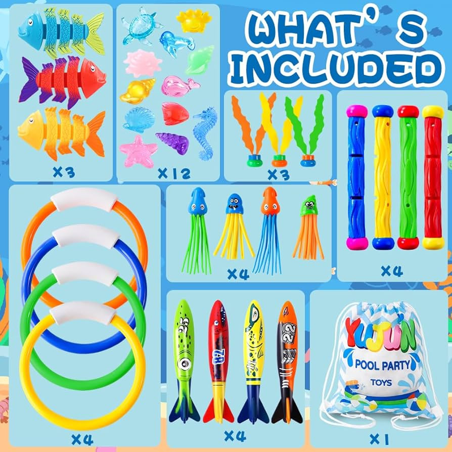 YUJUN 35PCS Pool Diving Swimming Toys, Summer Underwater Game Toys with Pool Fishes Dive Sticks R... | Amazon (US)