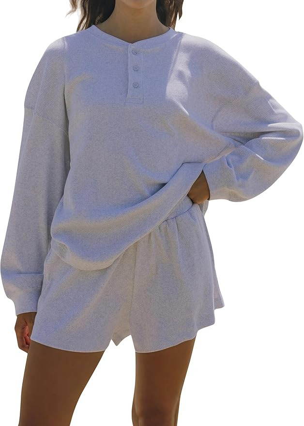 Women Waffle Knit Lounge Set Oversized Henley Sweatshirt and High Waist Resort Shorts 2 Piece Out... | Amazon (US)