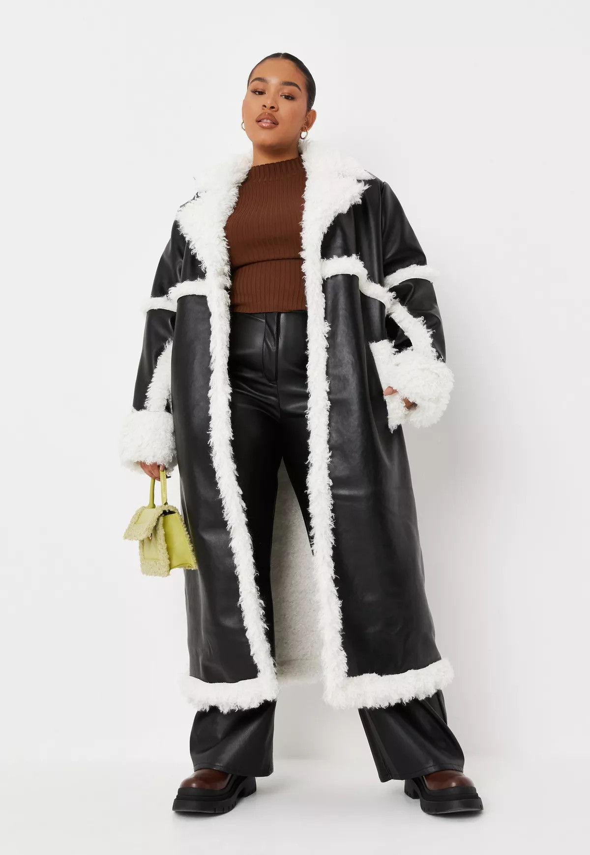 Missguided - Premium Plus Size Black Faux Leather Faux Mongolian Fur Maxi Coat | Missguided (US & CA)