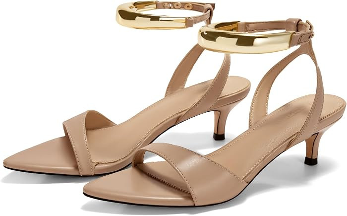 Coutgo Womens Low Kitten Heels Sandals Strappy Pointed Open Toe One Strap Metal Summer Dress Shoes | Amazon (US)