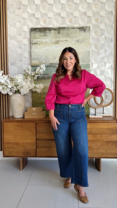 @chicos wide leg cropped jeans work well with flats or sneakers perfect for a casual office or classroom with this 3/4 hot pink poplin top. 

Sizing: Jeans tts, L/12 | Top tts, L 

#LTKfindsunder50

#LTKOver40 #LTKMidsize