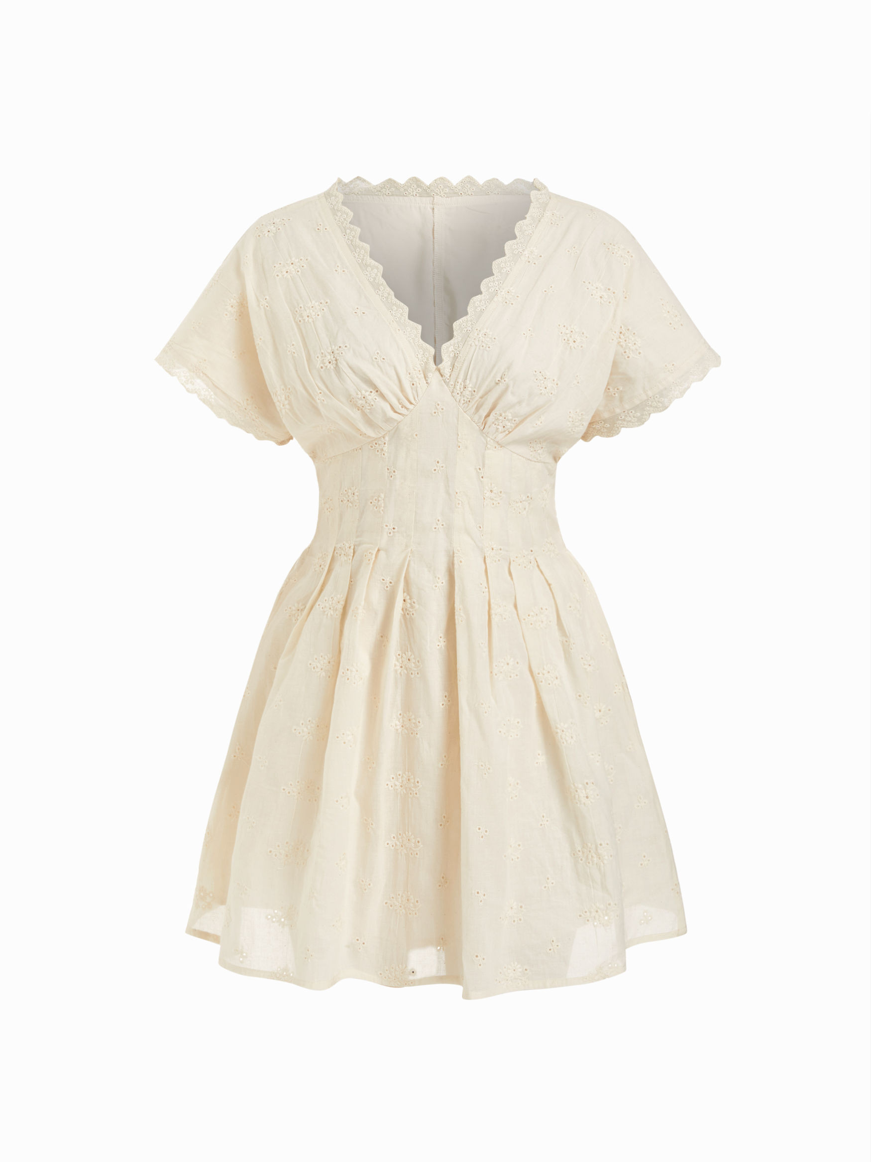 Woven Cotton V-neck Batwing Sleeve Eyelet Flared Mini Dress For Daily Casual Date | Cider