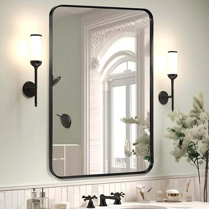 Wall Mount Mirror for Bathroom, Brush Black Metal Framed Rounded Corner Rectangular Vanity Mirror... | Amazon (US)