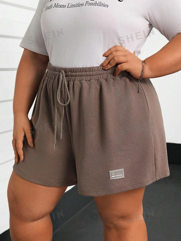 SHEIN CURVE+ Plus Size Elastic Waistband Loose Basic Sports Khaki Shorts | SHEIN USA | SHEIN