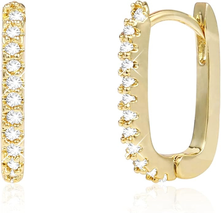 14K Gold Plated Small Rectangle Hoop Earrings Hypoallergenic Oval Hoops Earring Cubic Zirconia U-... | Amazon (US)