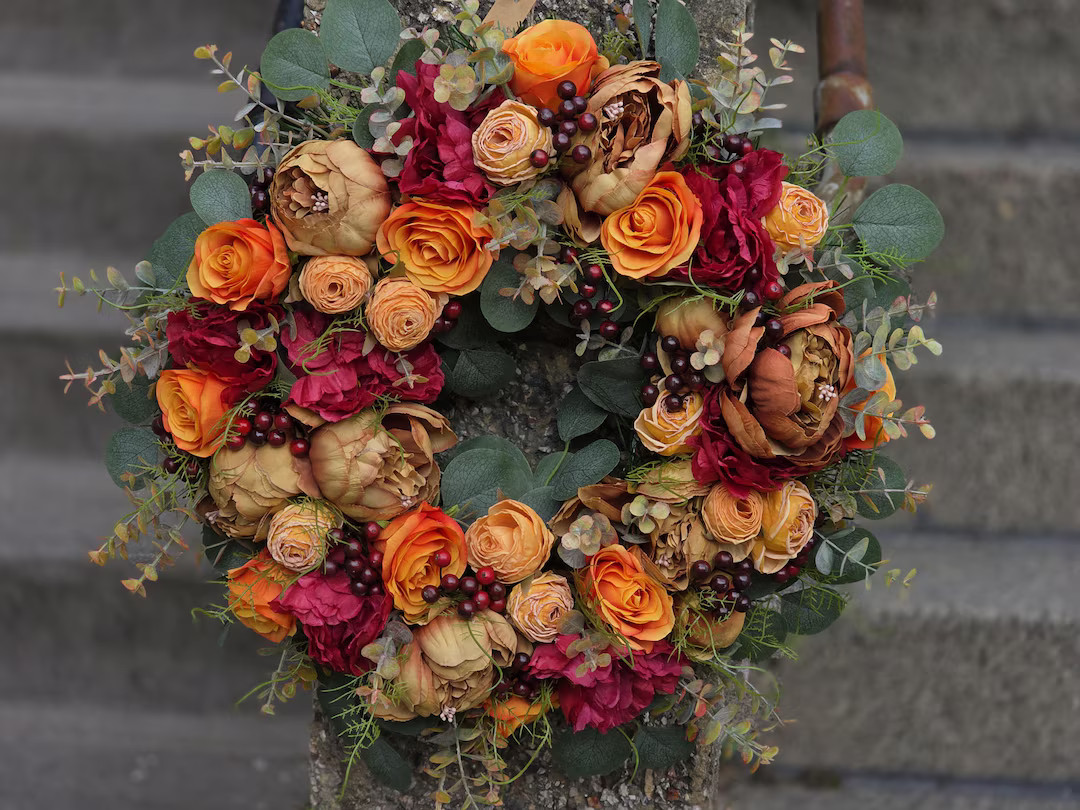 Large Autumn Peony Wreath for Front Door,orange Roses Burgundy Berries,thanksgiving Wreath,artifi... | Etsy (US)