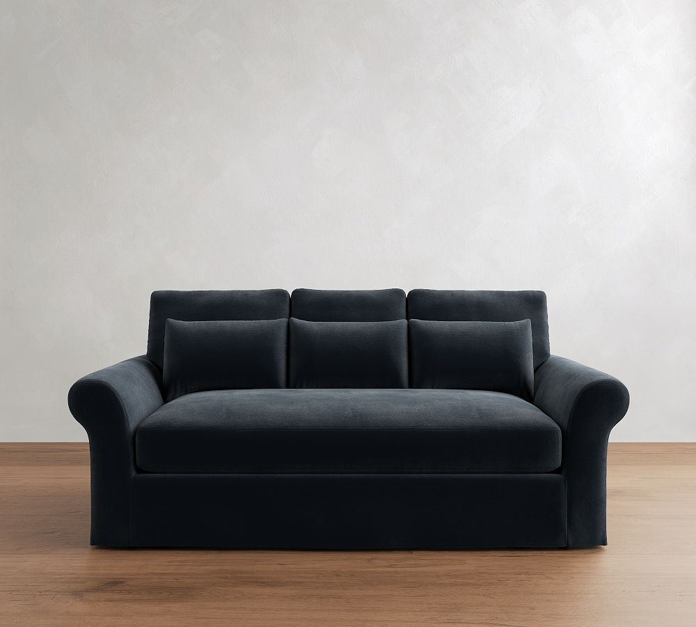 PB Comfort Modern Roll Arm Slipcovered Deep Seat Sofa 82" 3X1, Down Blend Wrapped Cushions, Faux Mohair Velvet Midnight | Pottery Barn (US)