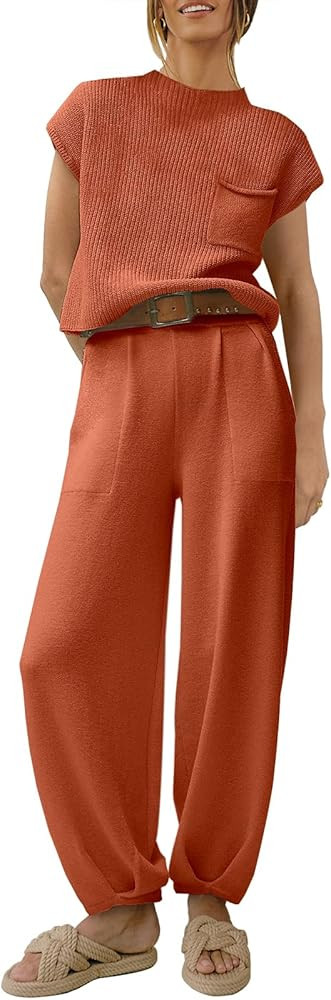 ANRABESS Women's Two Piece Outfits Knit Sweater Pullover Crop Top & Pants Lounge Matching Tracksu... | Amazon (US)