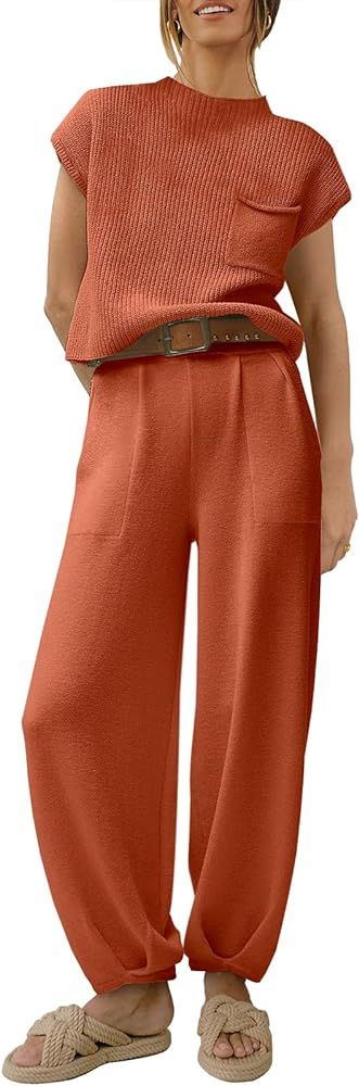 ANRABESS Women's Two Piece Outfits Knit Sweater Pullover Crop Top & Pants Lounge Matching Tracksu... | Amazon (US)