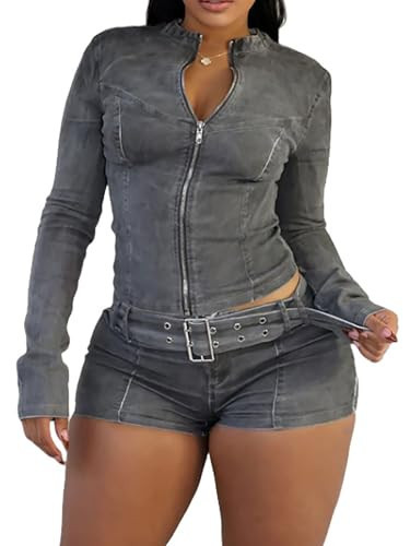 NATRUNSOO Two Piece Denim Outfits for Women 2025 Trendy Spring Summer Zipper Cropped Jean Jacket Bodycon Shorts Set Grey M | Amazon (US)