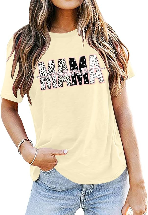 ASTANFY Mama Shirts Women Mama Letter Printed T-Shirt Graphic Tee Casual Short Sleeve Tops | Amazon (US)