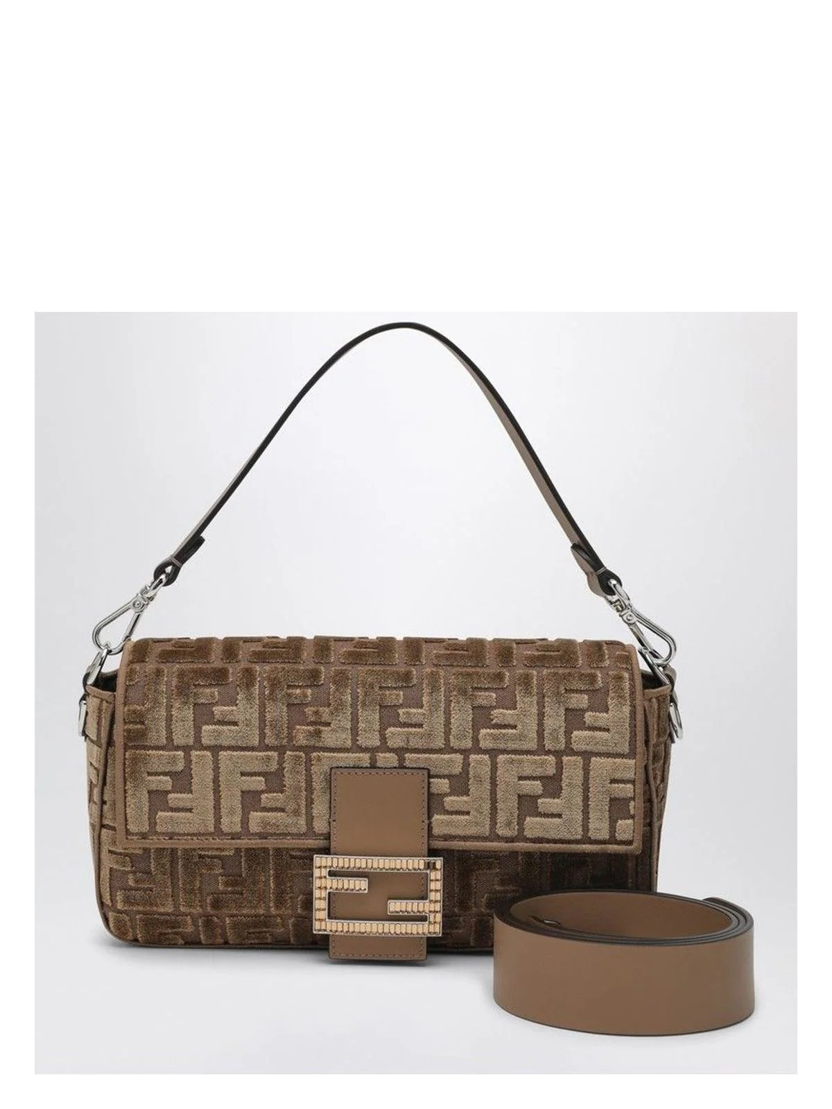 Fendi Women's Jacquard Ff Velvet Baguette Bag In Cappuccino Colour in Brown | 8BR600AT0Y | LOZURI