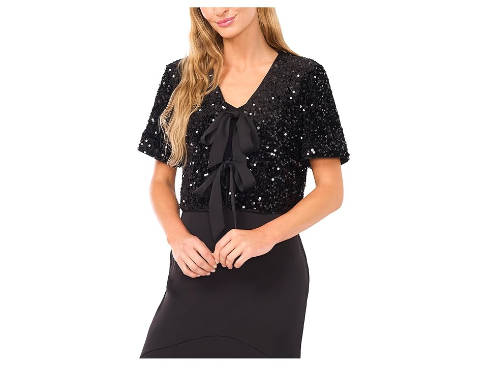 CeCe Velvet Sequin Short Sleeve Bow Front Top Women's Clothing Rich Black : MD, Polyester | Zappos