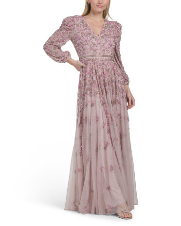 Long Sleeve 3D Floral Gown For Women, Polyester | TJ Maxx