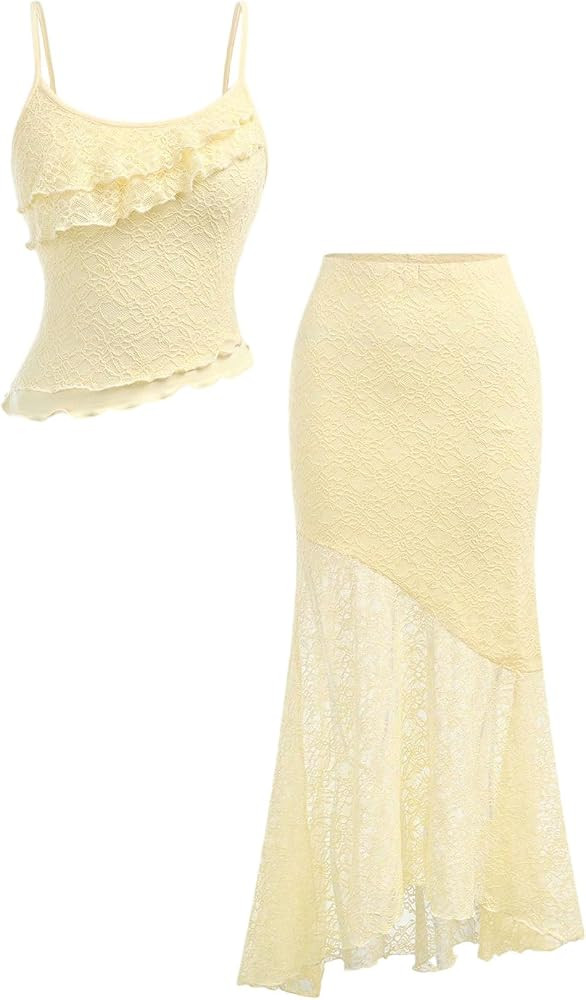 Verdusa Girl's 2 Pieces Matching Sets Summer Asymmetrical Ruffle Lace Camisole Tops with Skirt Br... | Amazon (US)