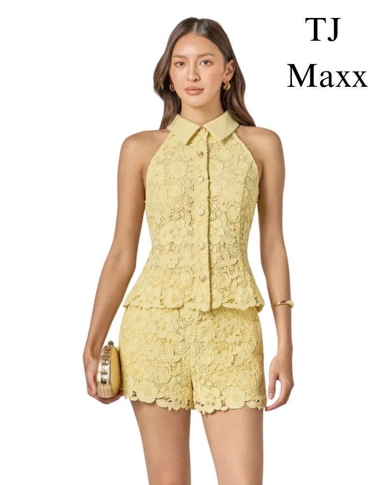 Designer crochet set on sale at TJ Maxx, yellow shorts, button-down blouse, summer outfit, spring.

#LTKSaleAlert