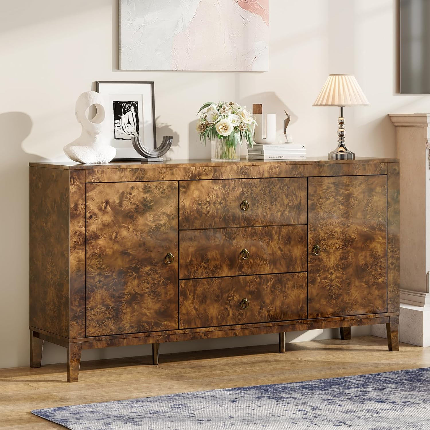 60'' Burl Wood Buffet Sideboard, High Gloss Storage Cabinet with 3 Drawers & 2 Closed Cabinets, M... | Amazon (US)