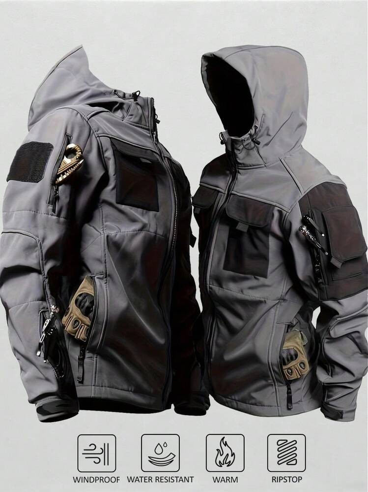 Men's Casual Hooded Hiking Jacket - Outdoor Functional Windproof And Breathable Coat - Warm Coat - Long-Sleeved Coat - Tactical Waterproof Softshell Jacket - Multi-Functional Hooded Shirt, Suitable For Autumn And Winter Clothing Menswear | SHEIN