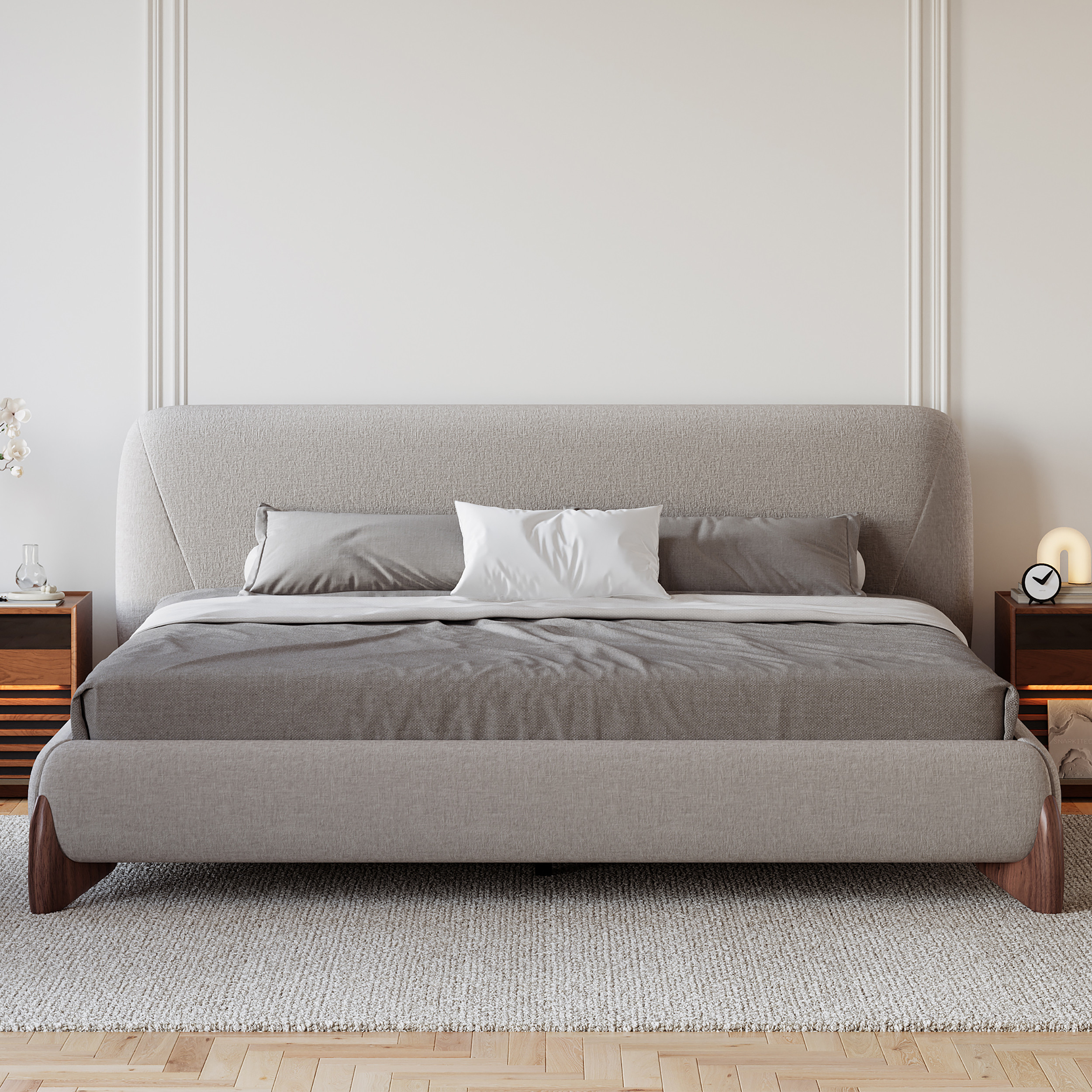 Curva Modern Gray Cotton & Linen Platform Bed King Size Bed Frame with Upholstered Headboard | Homary