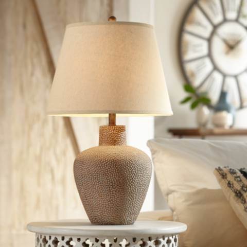 Bentley Brown Leaf Hammered Pot Table Lamp | LampsPlus.com