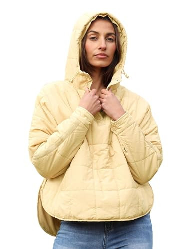 Freyhem Women's Pullover Puffer Jacket Quilted Lightweight Dolman Sleeve Button Down Hooded Padded Coat with Pocket(LightYellow-M) | Amazon (US)